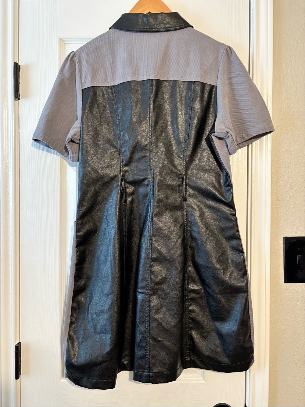 VOY Contrast Faux Leather Shirt Dress | Cotton | Button Front | Pockets | Size L - Picture 3 of 9